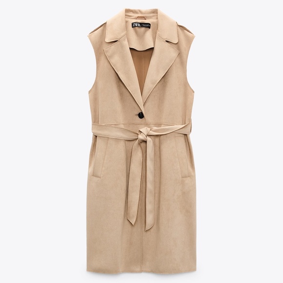 Zara ecru faux suede belted long vest NWT - Picture 1 of 12